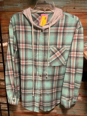 Mint Plaid Hooded Button-Up Shirt